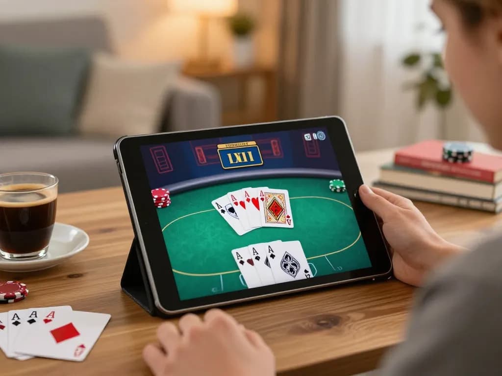 A player strategizing in an online poker game on w188, showcasing an engaging home setup with cards and notes.