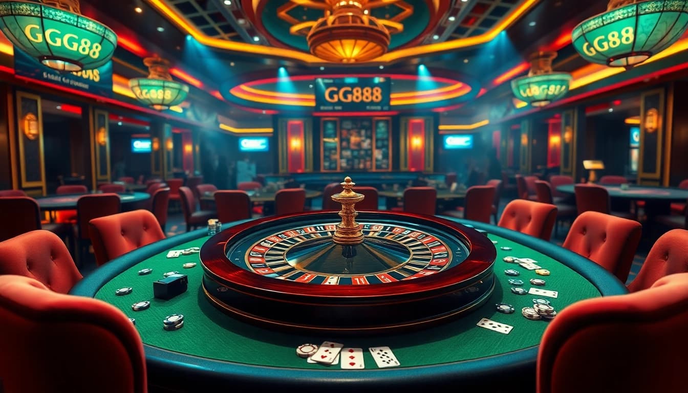 Players engaging at a roulette table in a luxurious GG88 casino setting, with colorful chips and excitement.
