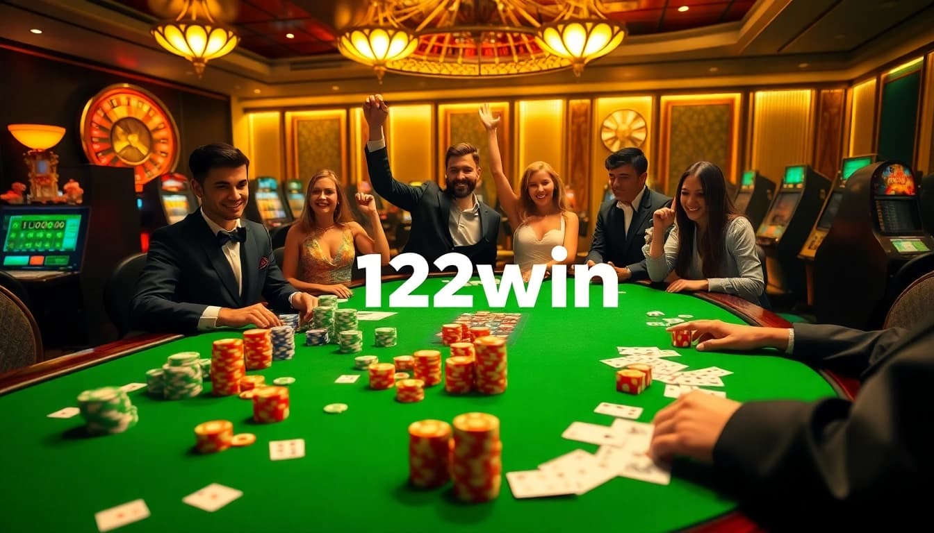 Players enjoy a thrilling casino experience at 123win with poker chips, cards, and roulette wheels.