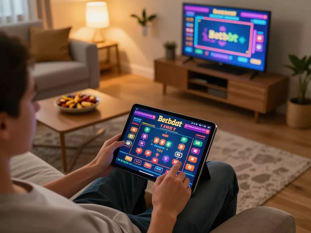 Engaged user playing Betbdt online casino on a tablet, cozy home gaming setup with ambient lighting