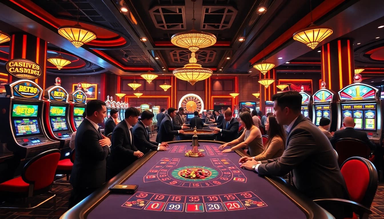 Engaging casino players at a luxurious BET88 gaming table with poker chips and slot machines lighting up the scene.