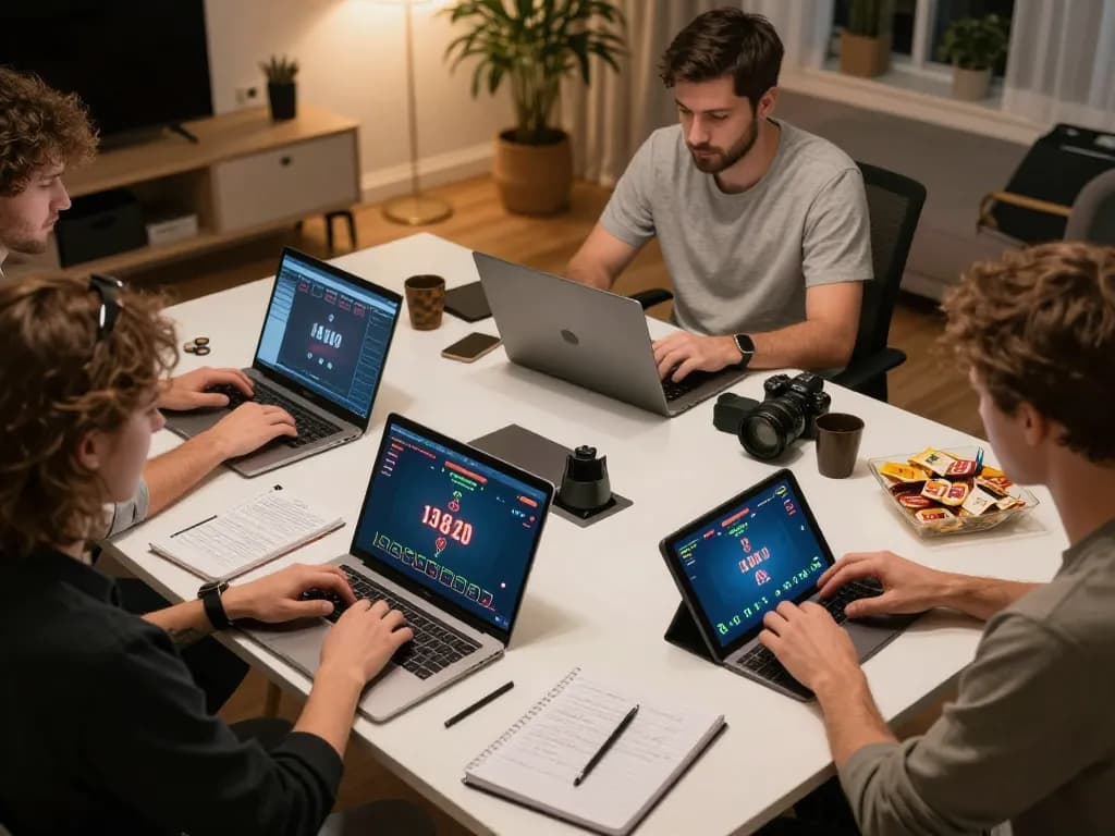 Players strategize during online games at home in a sc88e setting, showcasing laptops and betting notes.