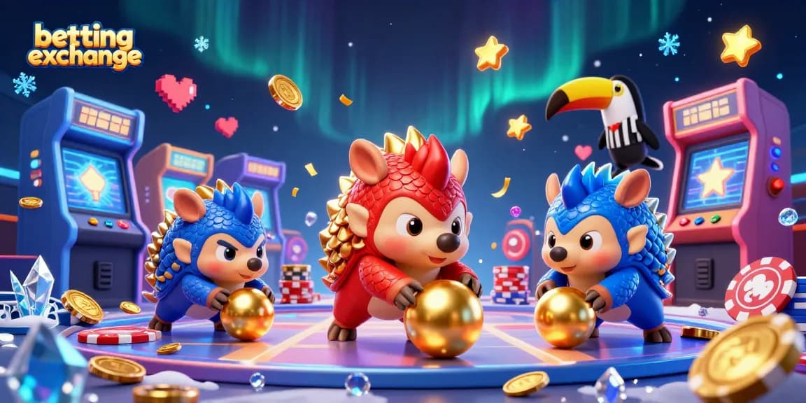 Engage with the betting exchange realm as pangolins roll through chips in this vivid 3D art.