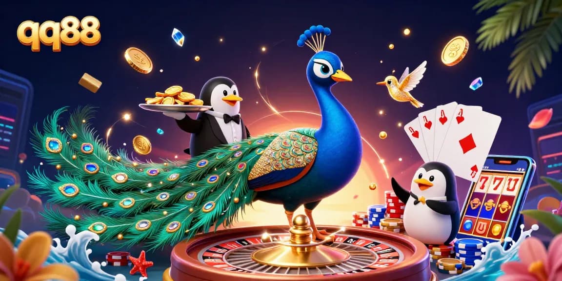Experience thrilling gaming moments at qq88, with a dazzling peacock and a penguin butler amidst cascading coins and poker elements.