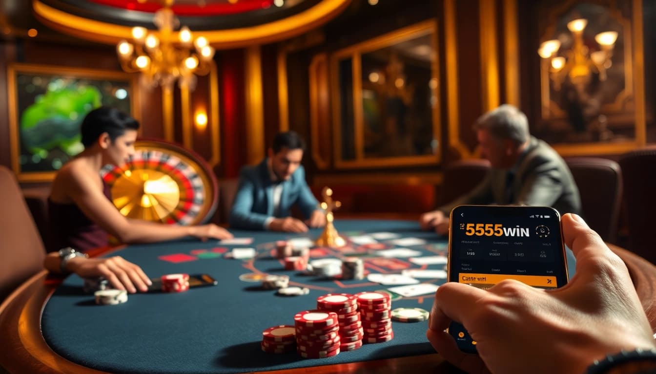Experience high-stakes poker action at 555win with vibrant casino elements and a modern gambling interface.