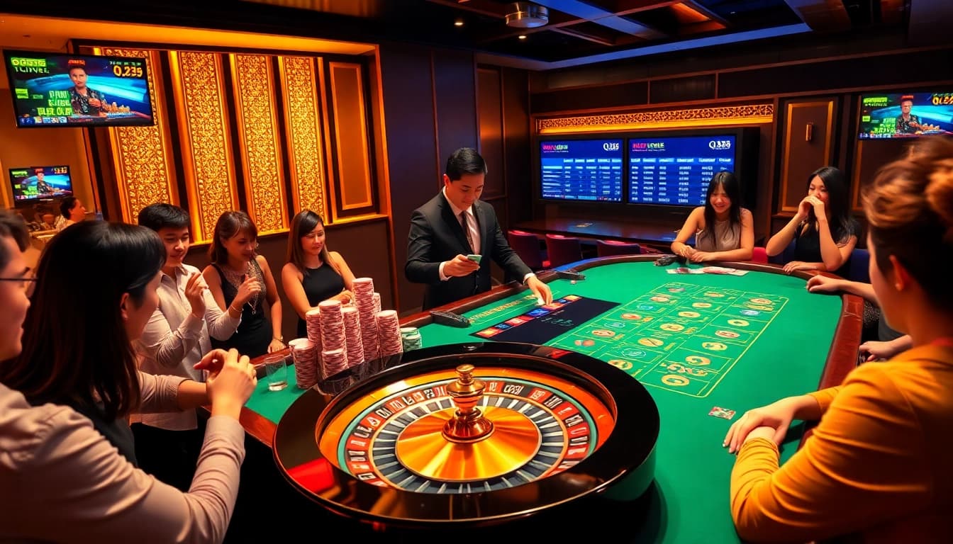 Experience the excitement of qh88 at a vibrant casino table with poker chips and cards.