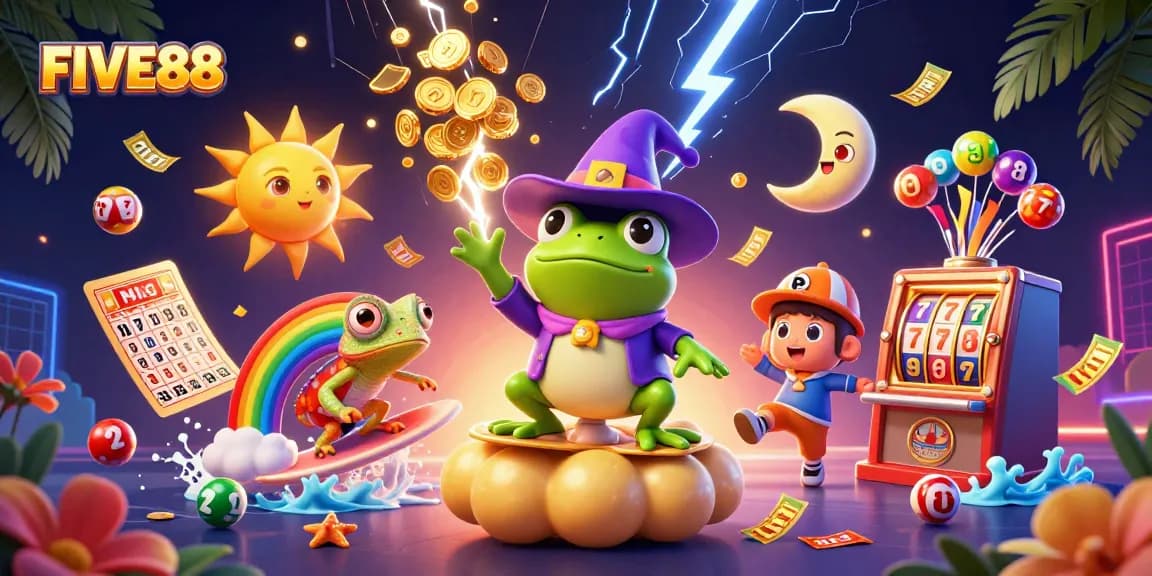 Experience exhilarating wins at FIVE88 with a vibrant scene of a wizard frog and a chameleon, surrounded by colorful gaming elements.