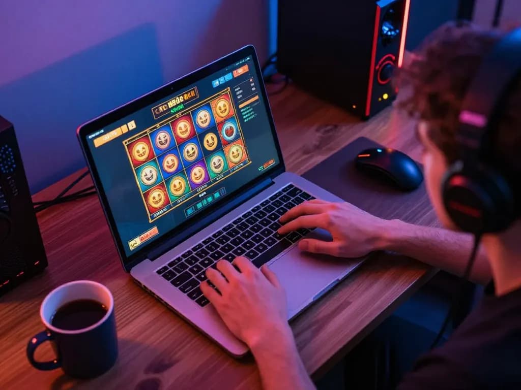 Pemain yang terlibat menikmati permainan slot toto di laptop di suasana rumah modern dengan layar yang cerah.