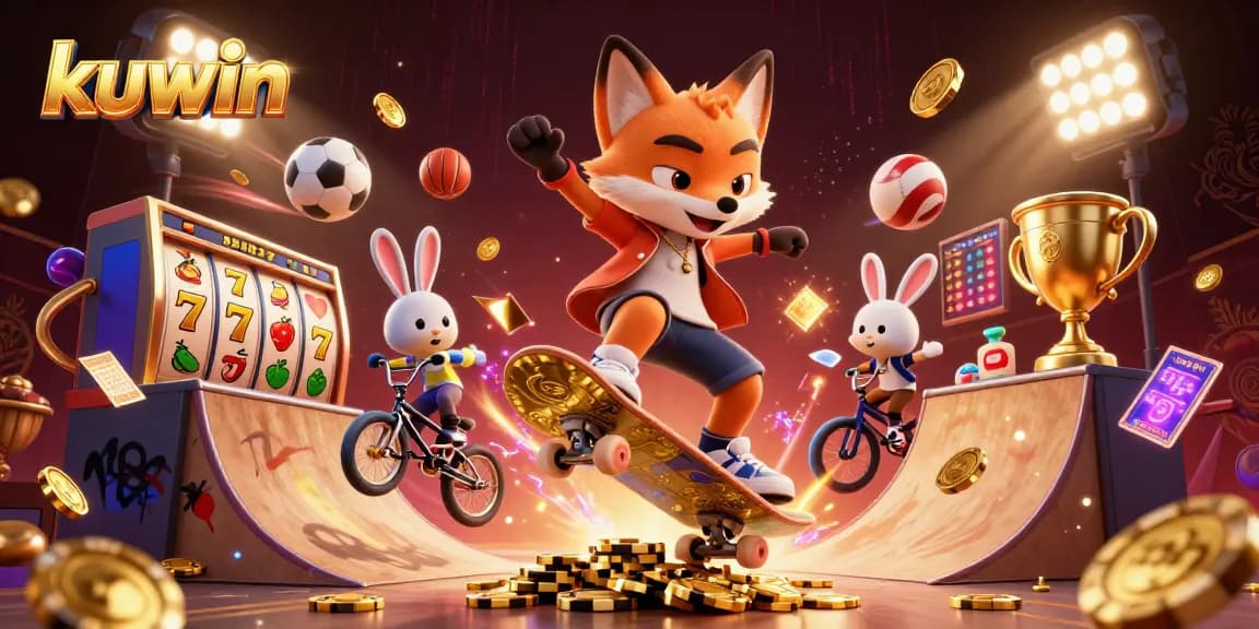 Kuwin showcases thrilling slots with a vibrant scene of a fox and rabbit enjoying casino games.