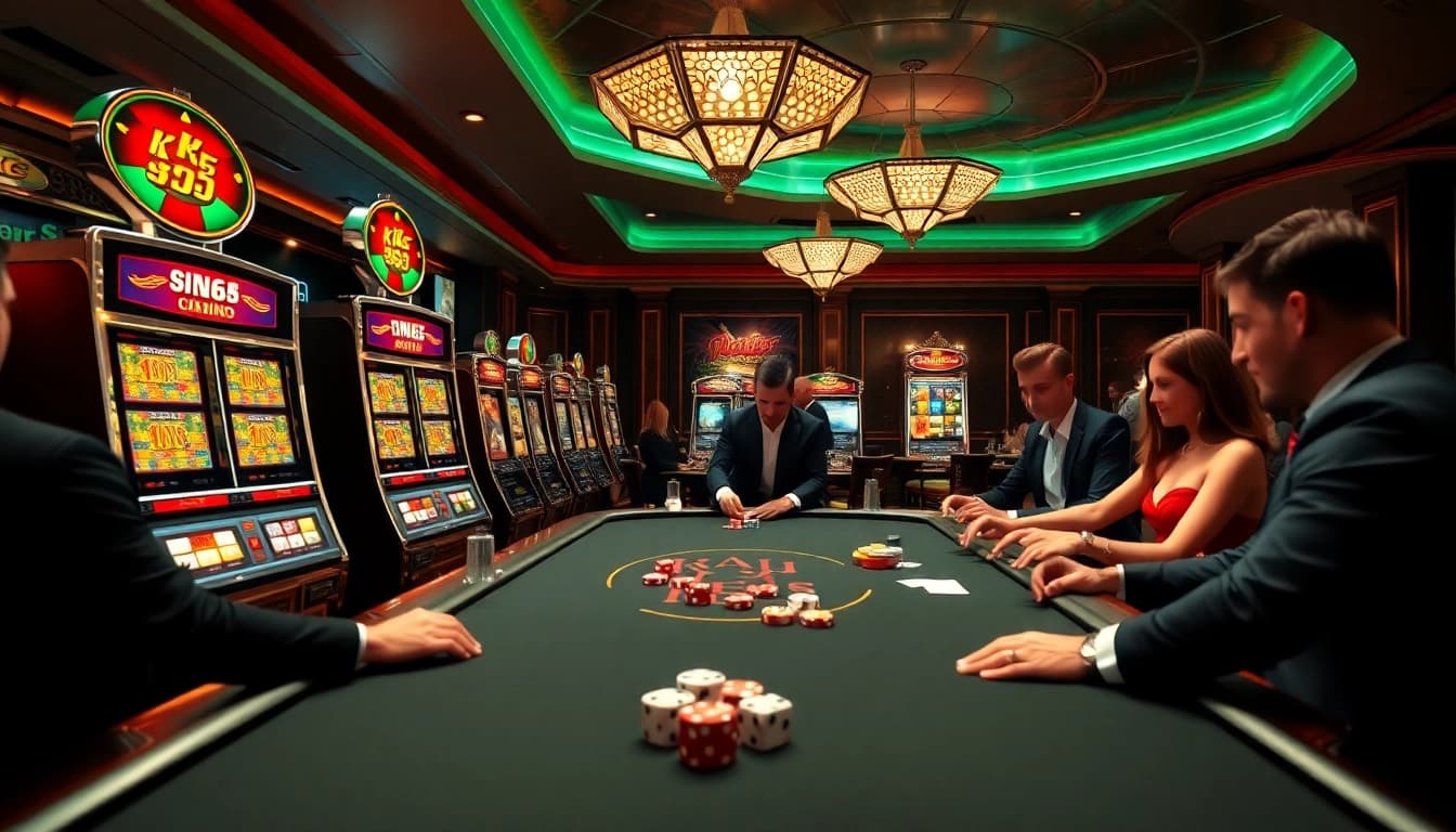 Dynamic gambling scene at https://kk55.boutique/ featuring poker tables and slot machines.