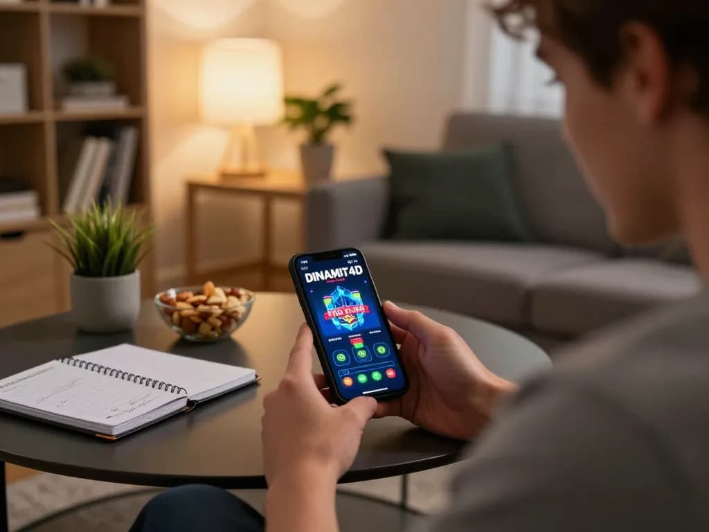 Player enjoying dinamit4d casino app on smartphone at home, illustrating online gaming excitement.