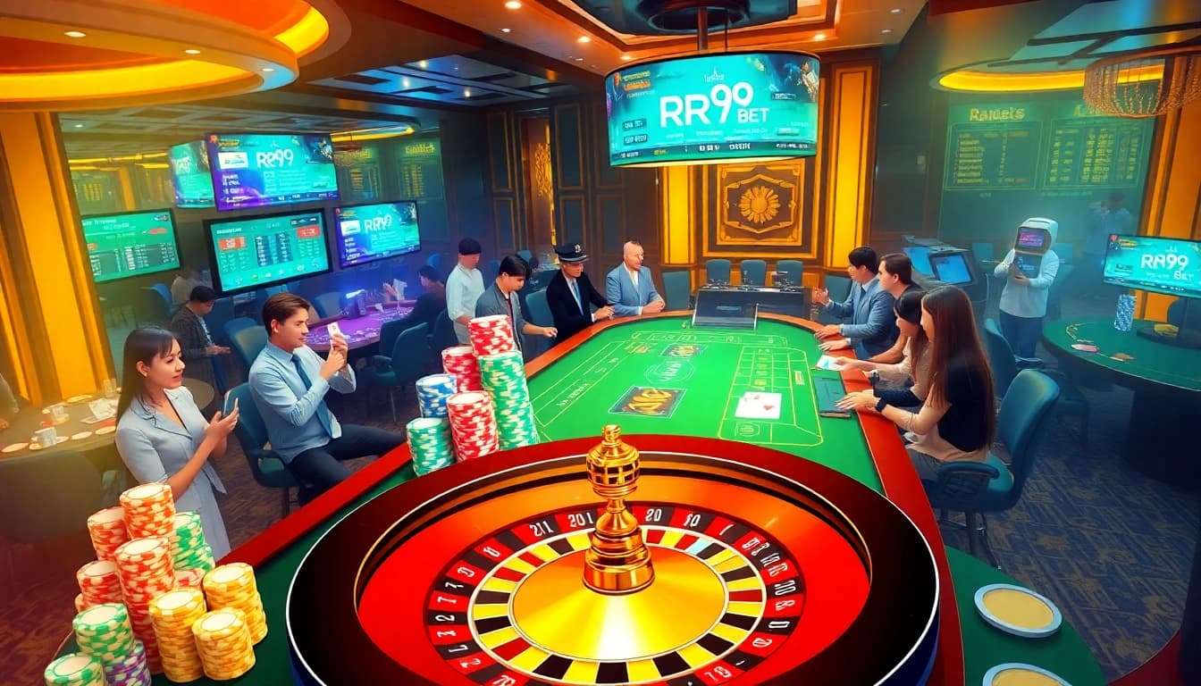 Experience RR99 BET excitement with vibrant casino visuals of players and gaming tables.