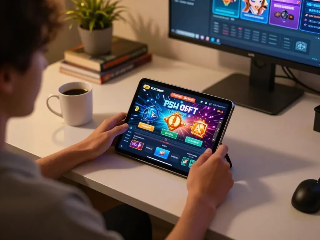 Pengaturan online yang menarik dengan Slot Demo PG Soft ditampilkan di tablet, menampilkan suasana nyaman untuk bermain secara strategis.