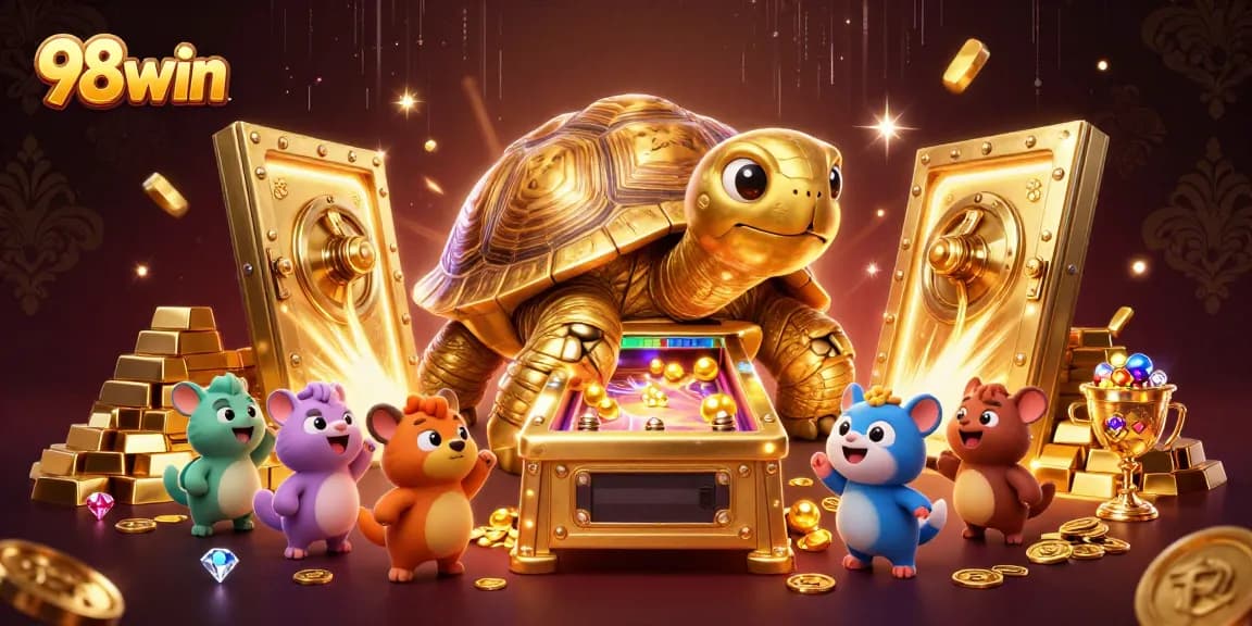 Experience thrilling gameplay at 98win with a dynamic scene featuring a colossal golden tortoise and treasures.