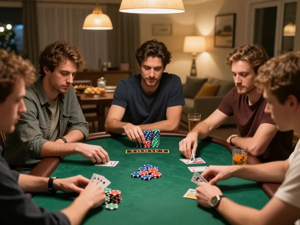 An exciting home poker game night with enthusiastic friends, showcasing strategic play and camaraderie related to imcatherinemcgrath.