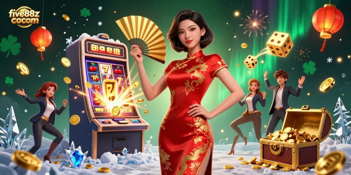 Spin the reels on five88z cocom's vibrant slot machines with lucky symbols and cascading coins.