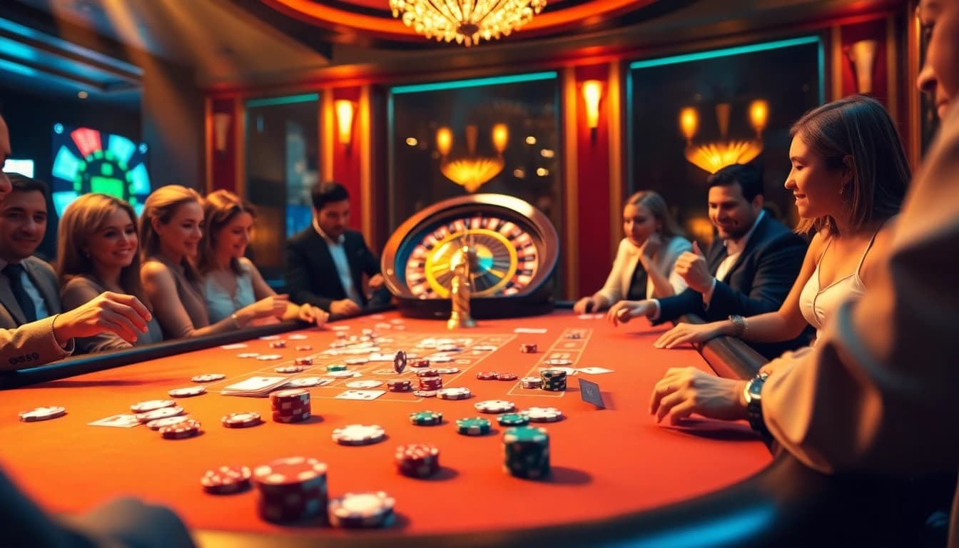 Hitclub players enjoying a thrilling game with poker chips and vibrant roulette wheels.