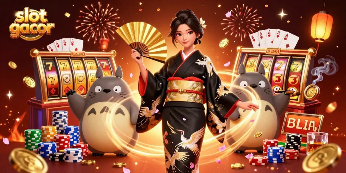 Experience the thrill of slot gacor in this vibrant casino scene with a charismatic Asian character and dynamic game elements.