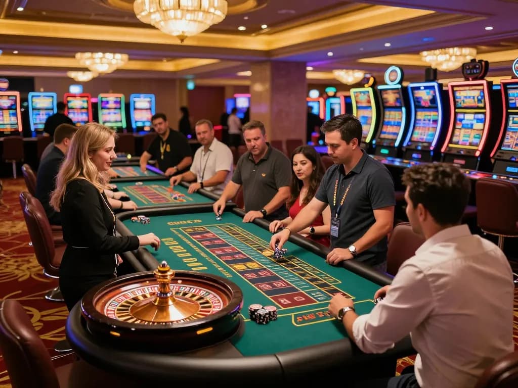 Engaged players watch the roulette wheel spin at Divinity Spa Center casino, showcasing exciting gaming action.