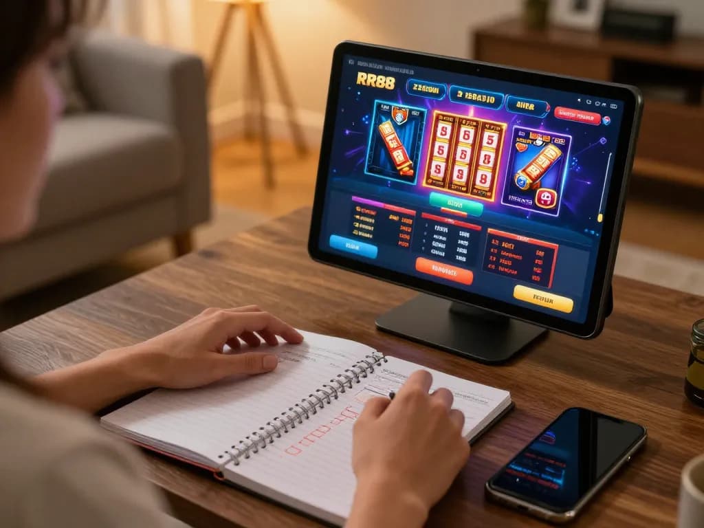 Engaging with RR88 casino app on a tablet at home, demonstrating online gambling strategy