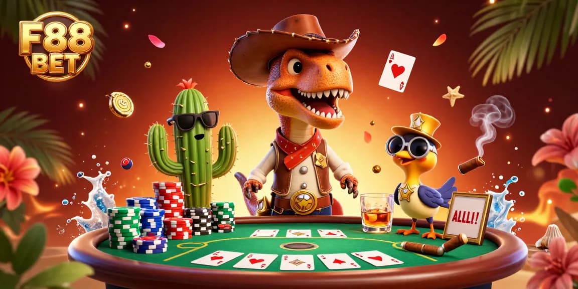 Experience the thrill of winning at F88 BET with a vibrant poker scene featuring a T-Rex and friends.