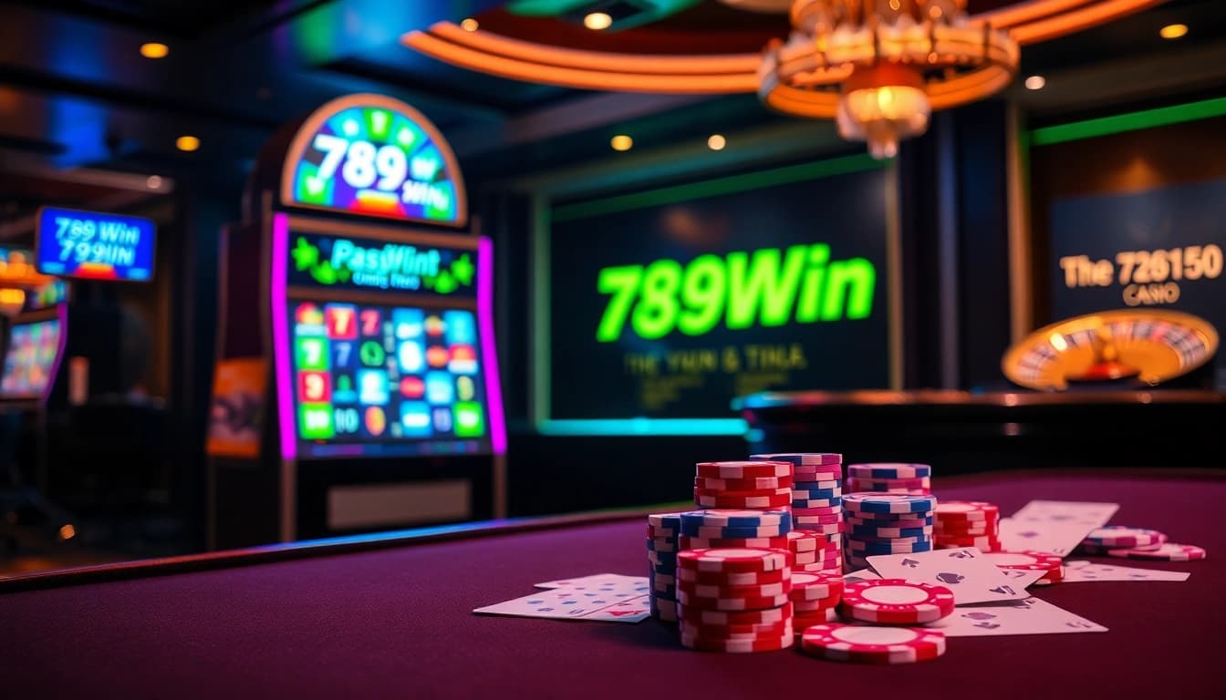 Experience the thrill of gaming at 789Win with colorful poker chips and vibrant slot machines.