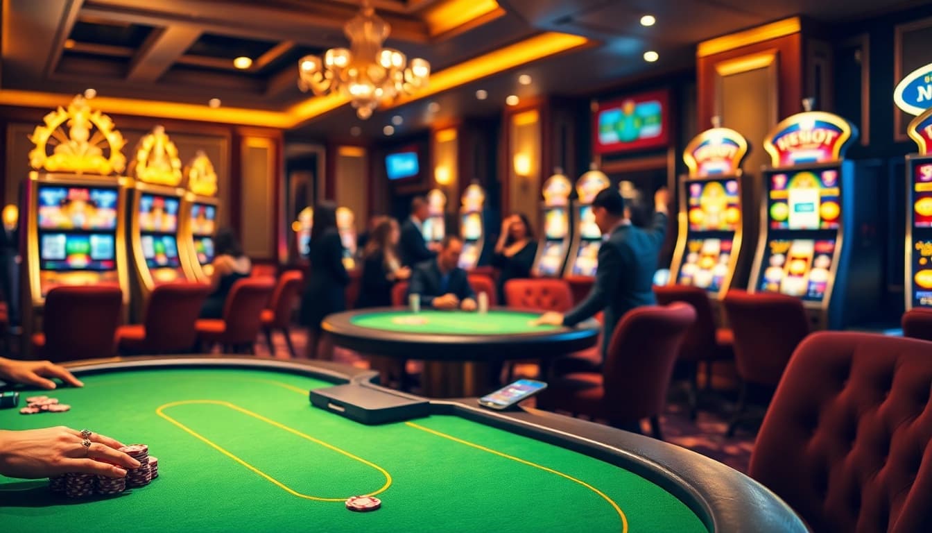 Sebuah adegan kasino dinamis menampilkan pemain di meja permainan agen slot, menekankan kegembiraan dan kemewahan.