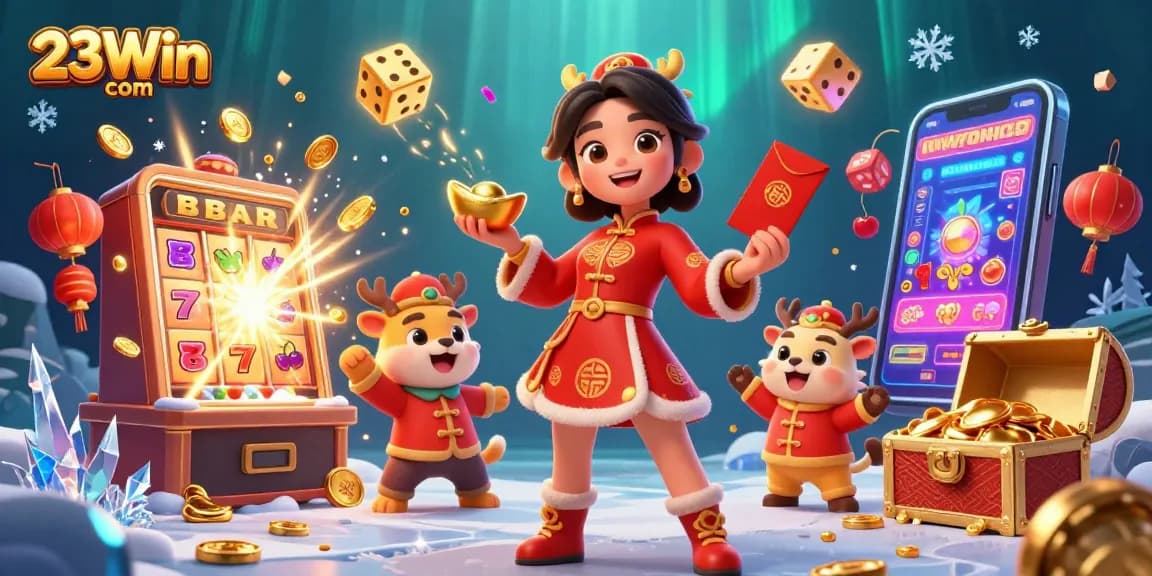 Discover 23Win com’s vibrant gaming scene with Asian-themed characters and slot machines.