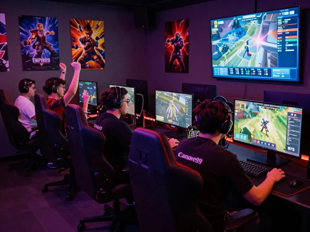 Exciting Empire99 gaming scene with players engaged and celebrating victories in a vibrant gaming lounge.