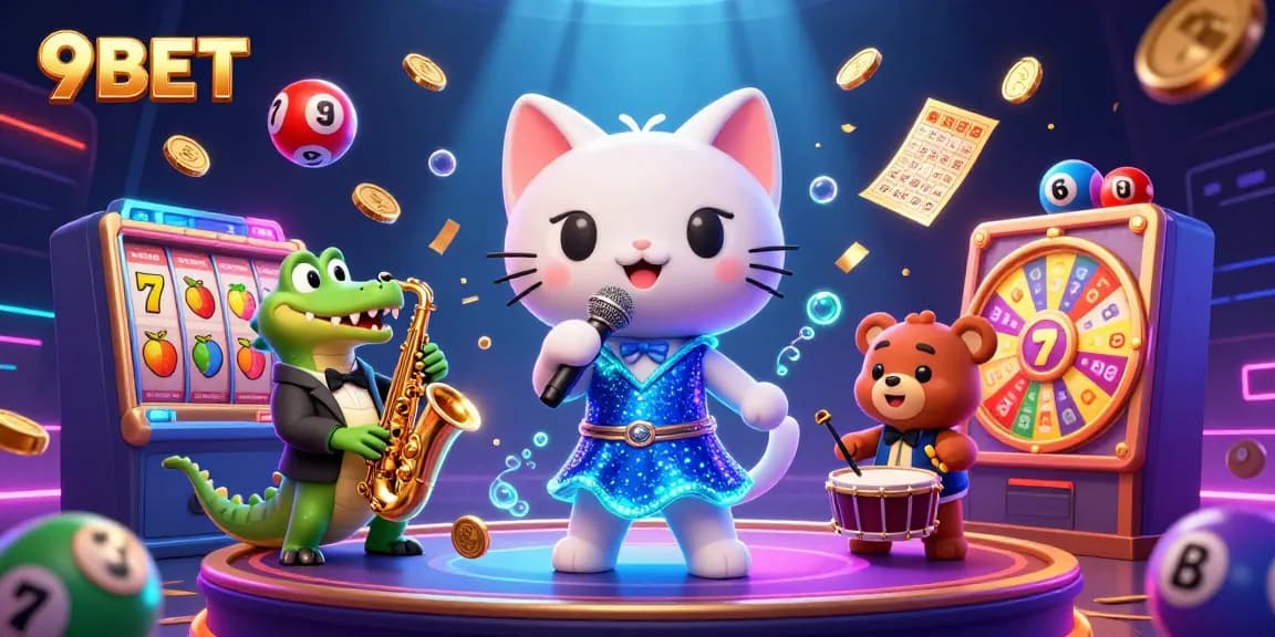 Experience thrilling gameplay with 9BET as characters celebrate winning on a dynamic casino stage.