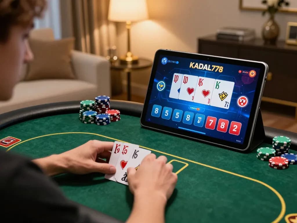 KADAL778 offers immersive online poker gameplay with players engaged in a vibrant home setting.