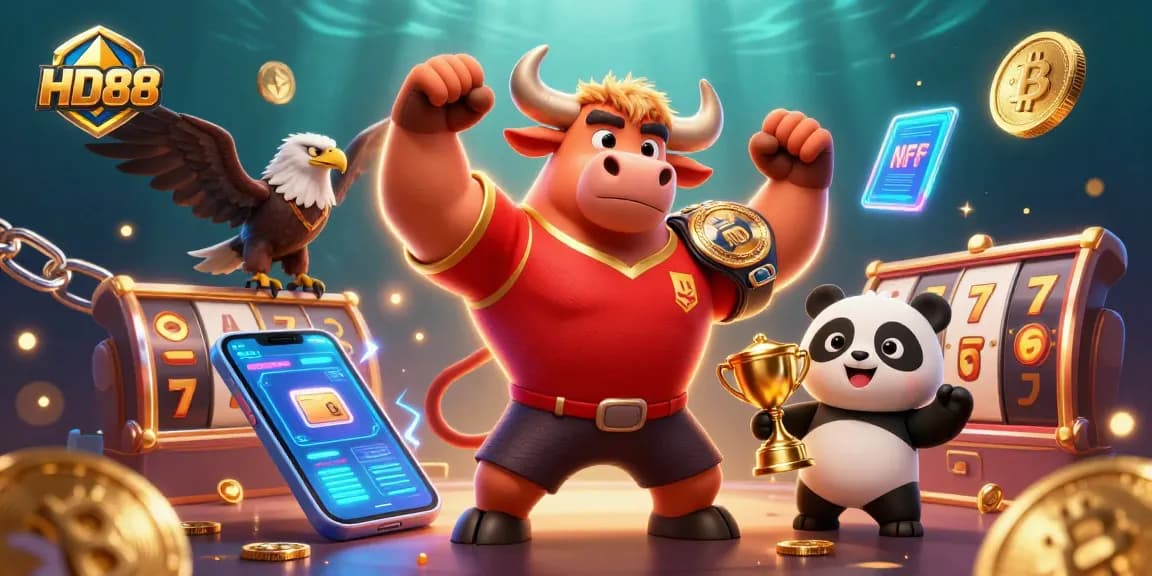 Engage with HD88 casino excitement through this dynamic 3D illustration featuring playful mascots and vibrant gaming elements.