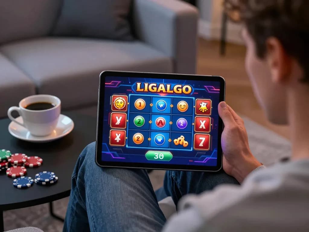 Engaging player enjoying LIGALGO on a tablet with vibrant casino game graphics in a cozy setting.