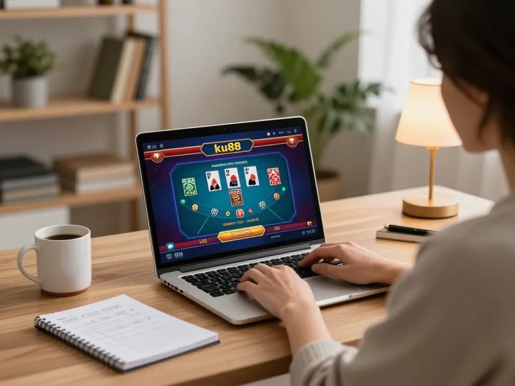 Engage with ku88 online casino gaming in a cozy home setting, showcasing a strategic gaming atmosphere.