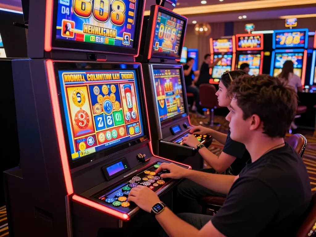Excited players enjoying the Lucky 88 slot machine in a bustling casino environment, capturing the thrill of gambling.