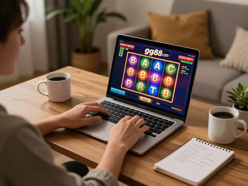 Playing slots on gg88 com from home, showcasing a comfortable gaming setup with warm lighting.