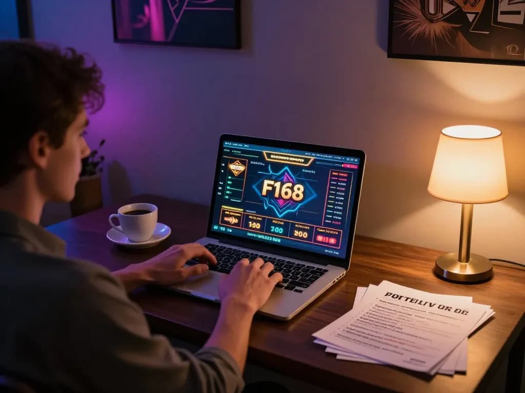 Player engaging with the F168 online gaming interface at home, showcasing a modern and responsible gambling atmosphere.