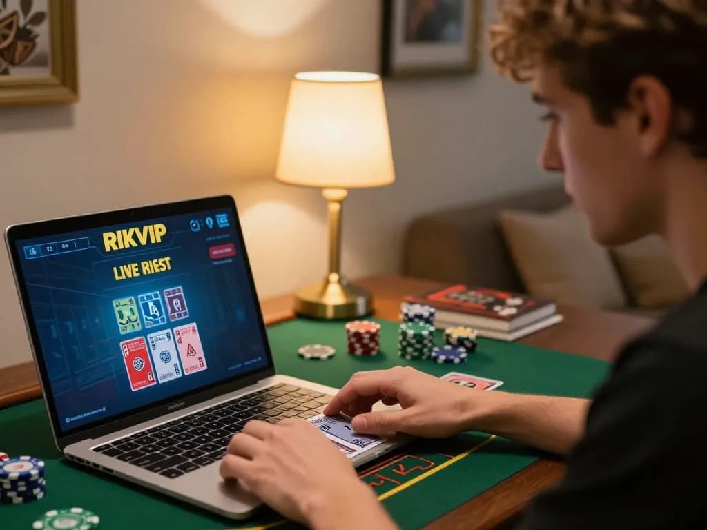 Player using RIKVIP for live dealer blackjack, showcasing concentration and gaming strategy