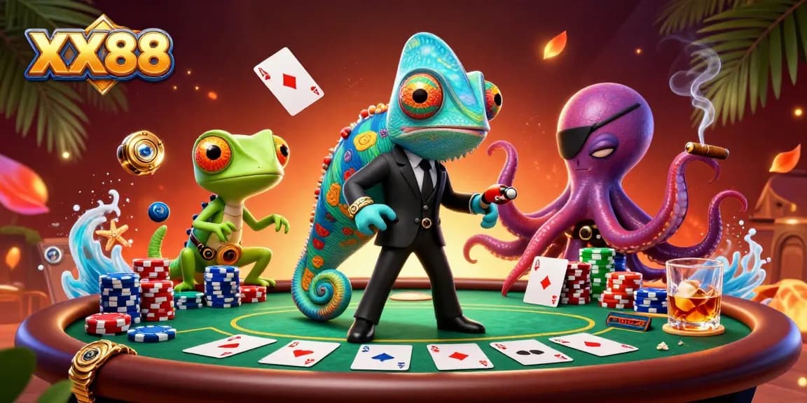 Experience thrilling gameplay at XX88 with a vibrant poker table scene featuring dynamic characters.