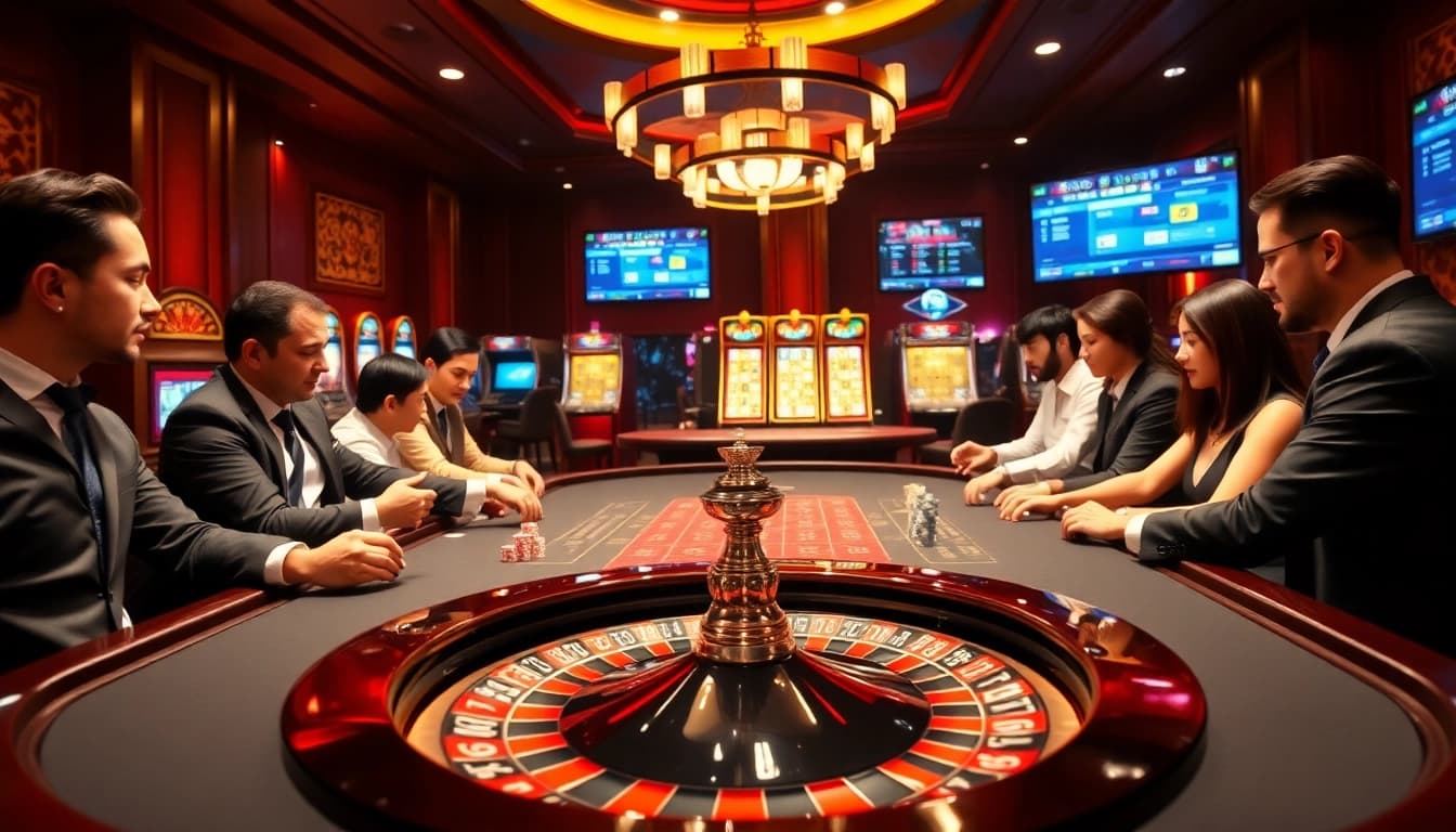 88vv gaming table with excited players placing bets in a luxurious online casino atmosphere.
