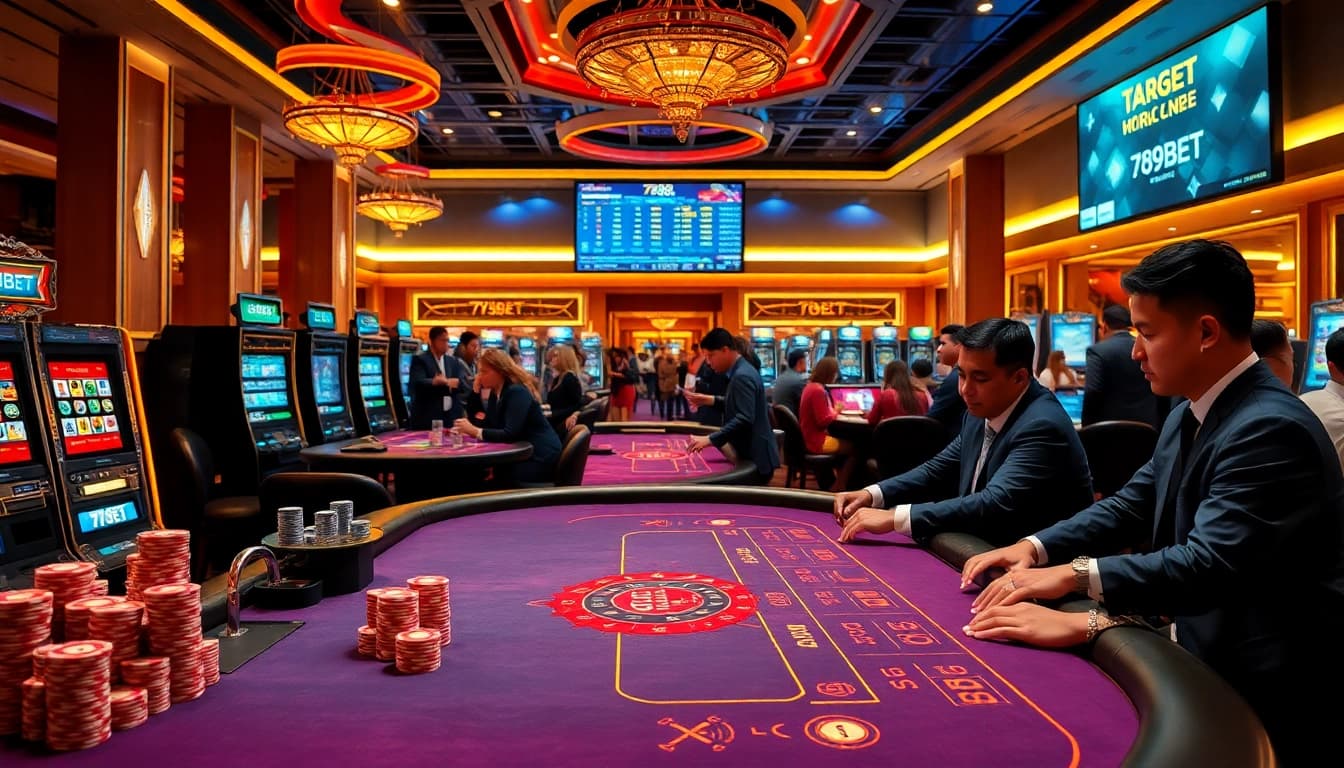 Experience the thrill of casino gameplay with 789BET as players engage around vibrant tables and sleek slot machines.