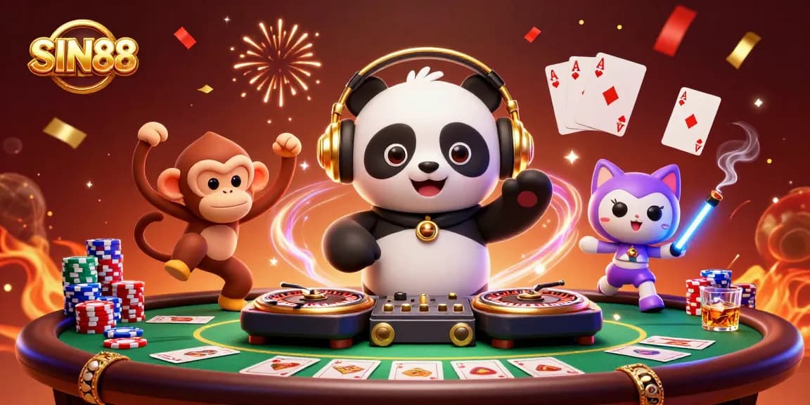 SIN88 showcases vibrant 3D cartoon characters in an electrifying casino setting, spinning and dancing among poker chips and cards.