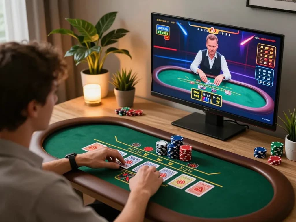 kk win online baccarat game session with a player focused on laptop screen, showcasing strategic gameplay and responsible entertainment
