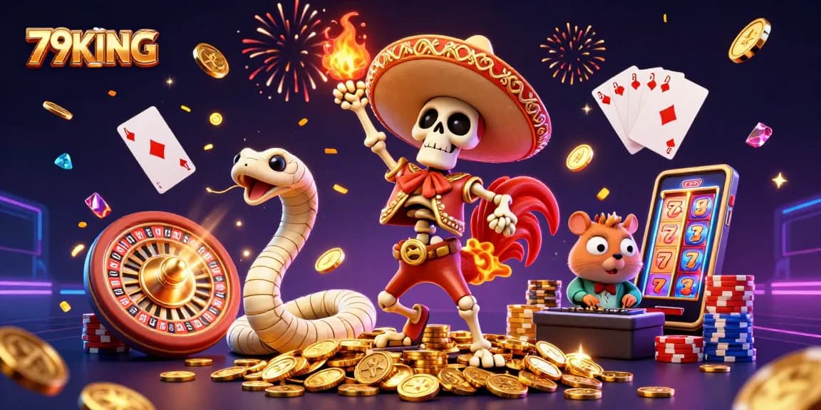 Win big at 79KING with a festive 3D casino scene featuring vibrant characters and dynamic games.
