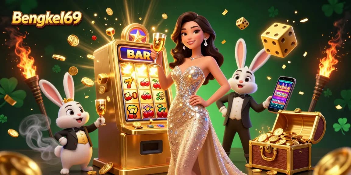Bengkel69 players celebrating wins beside a massive jackpot slot machine amidst festive casino elements.