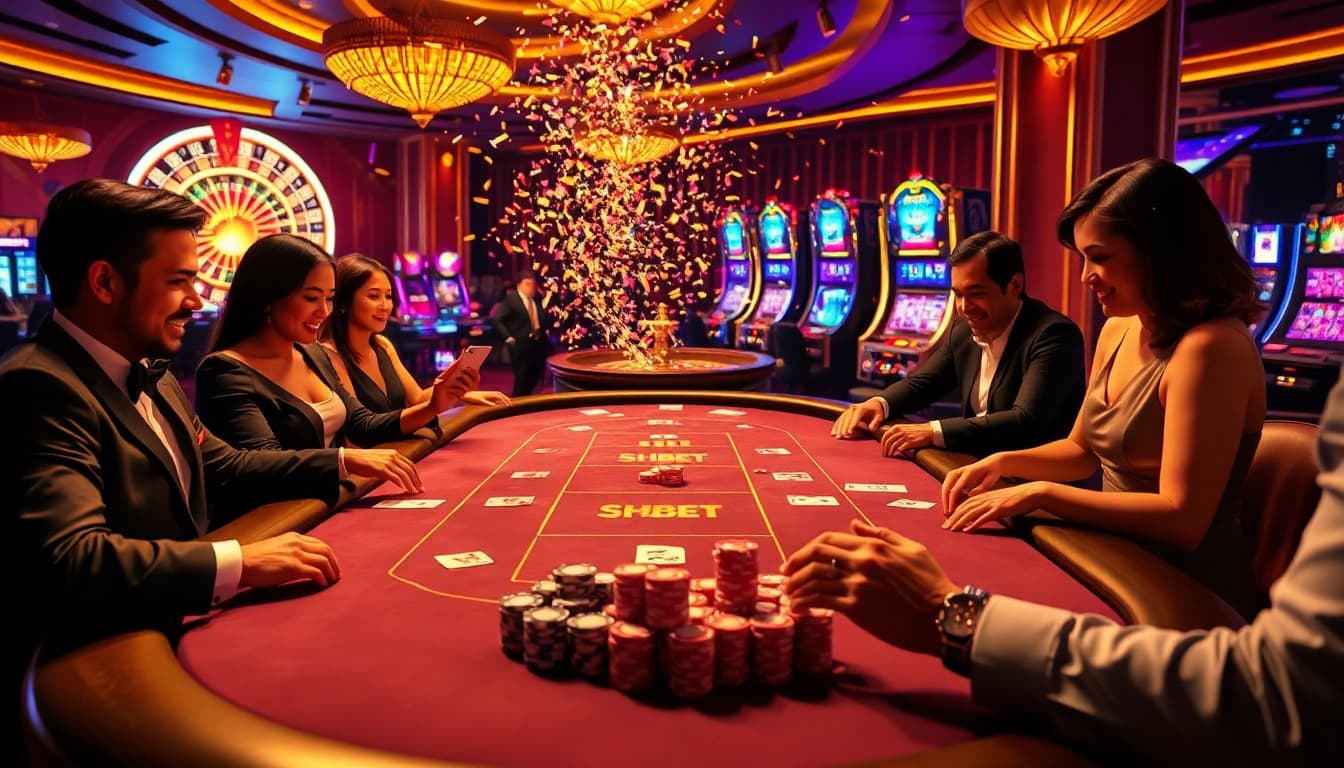 Experience the excitement of winning at SHBET's luxurious casino table, surrounded by engaging players.