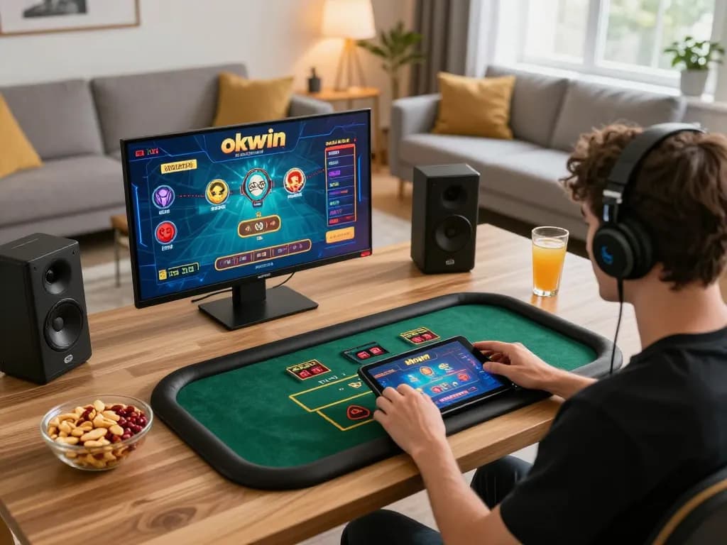 Engaging in okwin game on a tablet while enjoying snacks in a cozy living room.