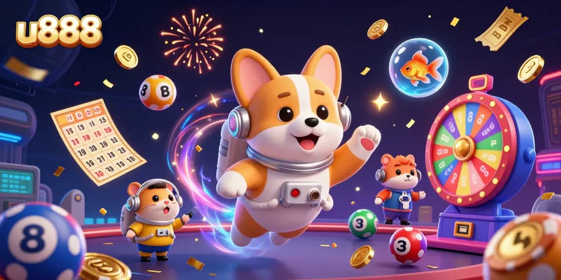 Engaging scene of u888 with a playful astronaut corgi and whimsical gambling elements floating in space.