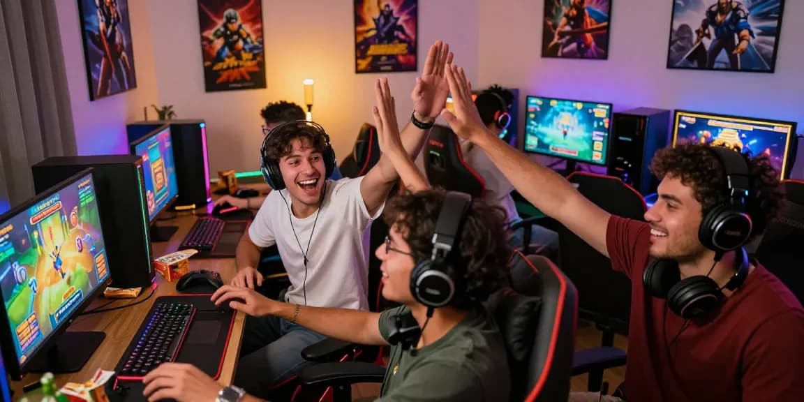 Friends enjoying situs pajaktoto online gaming, celebrating wins in a vibrant living room.