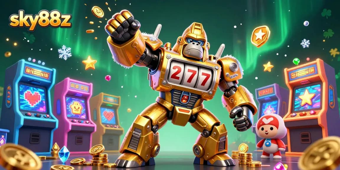 Sky88z showcases an epic casino battle with a golden gorilla mech amidst vibrant gaming machines.